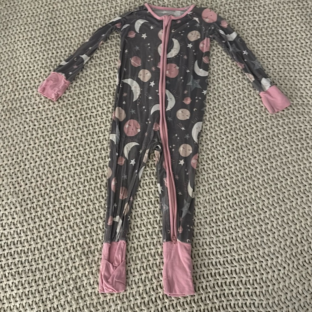 Gently Worn Little Sleepies Pink & Grey Planet Zippie. Size 12-18 Months.